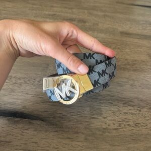 Michael Kors Grey and Black MK Logo Belt with Gold-Tone Round Buckle